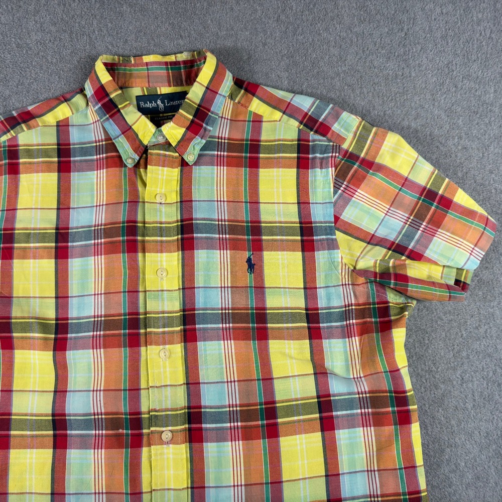 Vintage Ralph Lauren Shirt Mens L Yellow Plaid Classic Fit Short Sleeve